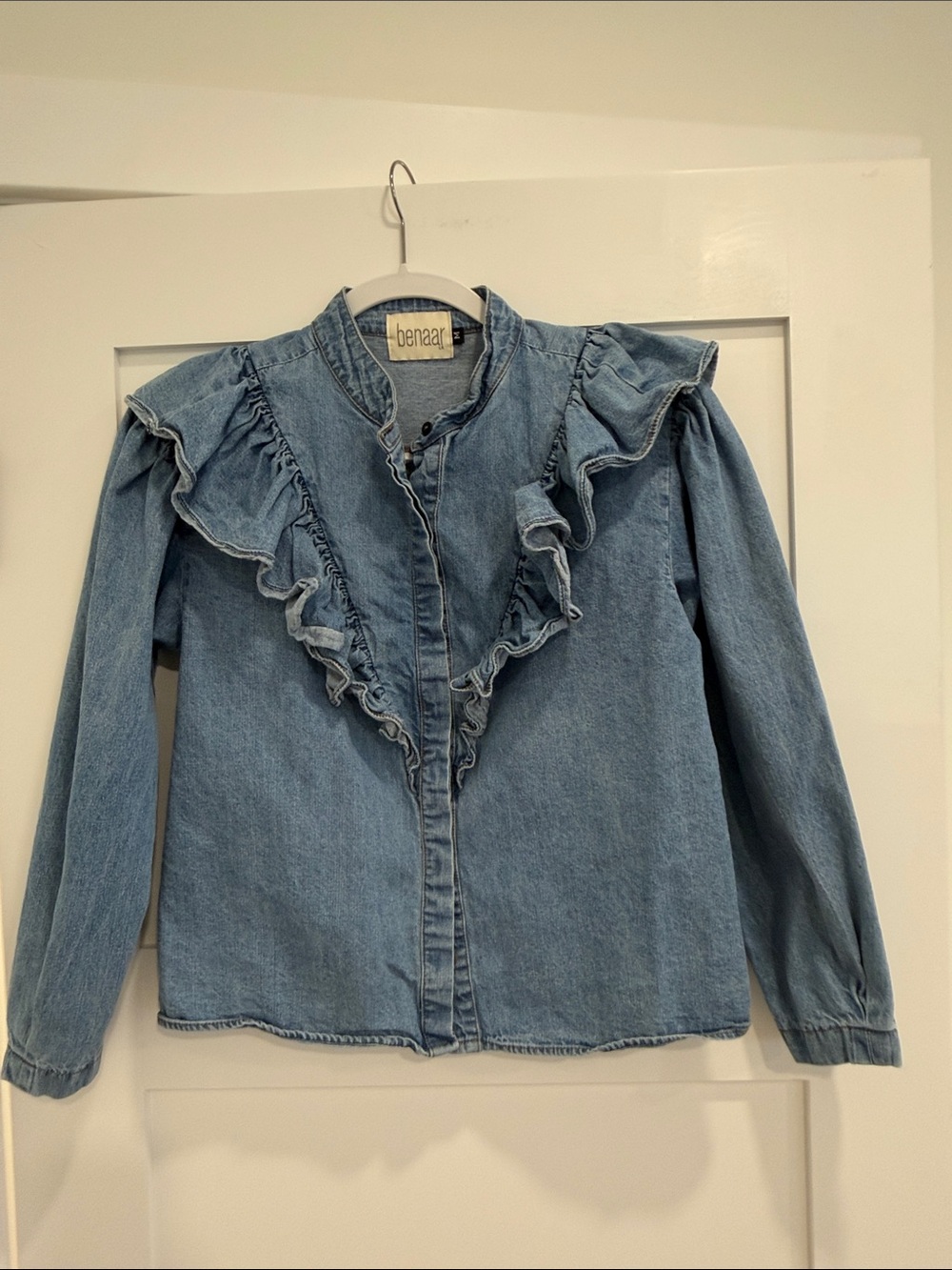 Women's Ruffle Denim Button-Down Shirt - Light Blue